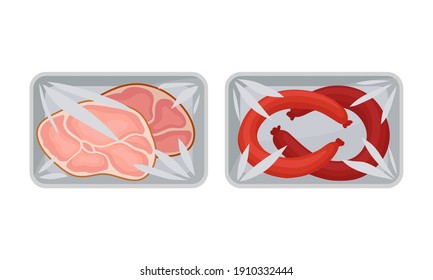 Sliced Wurst and Beef Slab in Plastic Serving Tray Vector Set