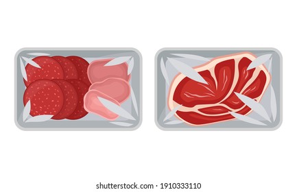 Sliced Wurst and Beef Slab in Plastic Serving Tray Vector Set