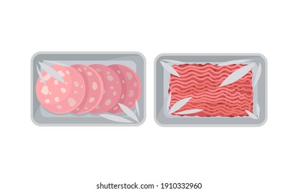 Sliced Wurst and Raw Forcemeat in Plastic Serving Tray Vector Set