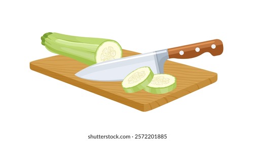 Sliced zucchini with knife on cutting board. Cooking concept. Vector cartoon illustration of fresh vegetables.