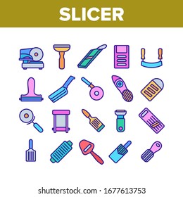 Slicer Kitchenware Collection Icons Set Vector. Manual And Electronic Food Slicer, Pizza Cutter, Cheese Knife Kitchen Utensil Concept Linear Pictograms. Color Contour Illustrations