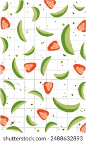 Slices of avocado and strawberry on a white line background