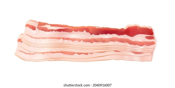 Slices of bacon isolated. Italian prosciutto, Spanish jamon cut, raw bacon, slices of lard, parma ham, streaky brisket slices, fresh thin sliced on white background realistic vector 3d illustration