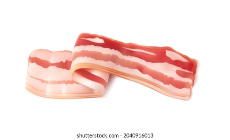 Slices of bacon isolated. Italian prosciutto, Spanish jamon cut, raw bacon, slices of lard, parma ham, streaky brisket slices, fresh thin sliced on white background realistic vector 3d illustration