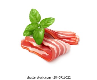 Slices of bacon isolated. Italian prosciutto, Spanish jamon cut, raw bacon, slices of lard, parma ham, streaky brisket slices, fresh thin sliced on white background realistic vector 3d illustration