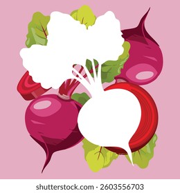 Slices of beetroot placed around a white patch, with a whole beetroot at the center, emphasizing the deep red color.