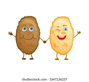 Slices of black and white bread hold hands and smile. Cute vector characters in cartoon style. Two friends pieces of different bread are waiting for breakfast.