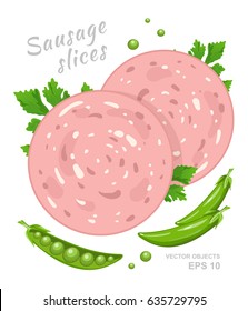 Slices of boiled sausage with fresh parsley and green sweet pea isolated on white background. Meat delicatessen product. Vector gastronomic illustration in cartoon style