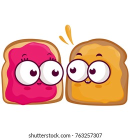 Slices of bread characters with peanut butter and jelly. Cute peanut butter and jelly sandwiches. Vector Illustration 