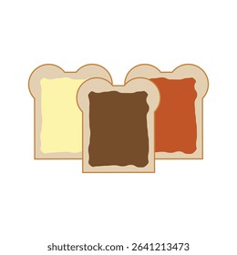 Slices of bread with chocolate, cheese and strawberry jam on top flat cartoon vector illustration