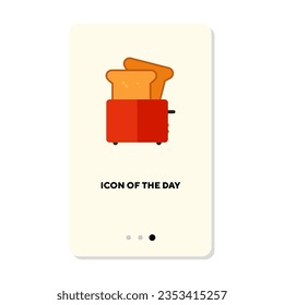 Slices of bread in red toaster flat icon. Vertical sign or vector illustration of tasty meal preparation or snack element. Breakfast, food, nutrition concept for web design and apps