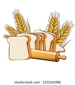 slices bread with rolling pin isolated on white background