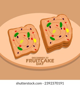 Slices of cake filled with slices of various kinds of fruit are served on a wooden plate with bold text on light brown background to celebrate National Fruitcake Day on December 27