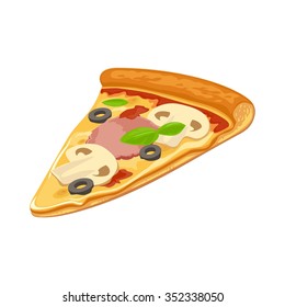 Slices of capricciosa pizza. Vector flat illustration isolated on white background. Hand drawn design element for label and poster