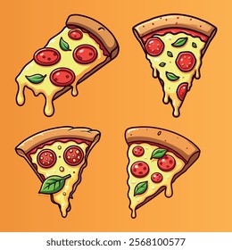 Slices of cheesy pepperoni pizza, delicious fast food item, perfect for menu designs, restaurant branding, or takeaway food illustrations