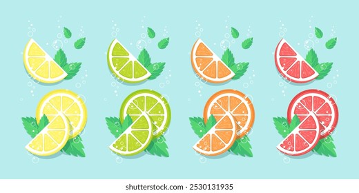 Slices of citrus fruits and mint leaves. Fresh, sparkling, cool, colorful flat vector illustration. Best for logo, print, stickers, branding design and promotion.