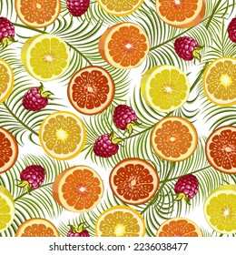 Slices of citrus fruits on palm leaves.Colored vector pattern with lemon and orange slices on palm leaves.