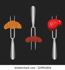 slices of croissant, sausage, beef on meat fork. vector illustration