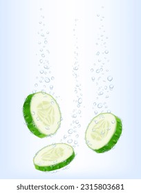 Slices of cucumber fall into clear water, a lot of bubbles. Realistic 3D vector illustration. Сan be used as advertising of cosmetics, medical products, packaging design. Health, beauty concept