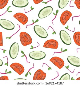 
Slices of cucumber and tomato with beet microgreen. Seamless pattern. Color image. Design element. Vector illustration.
