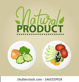 Slices of cucumber, tomato and olives, corn and cabbage, bell pepper on plate, sliced vegetables on dish, vegetarian food, natural products vector. Flat cartoon