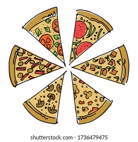 Slices of different pizza, colored hand-drawn sketch on white background