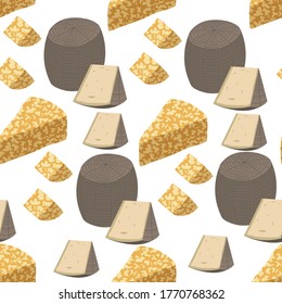 Slices of different types of cheese seamless pattern. Dairy products presentation, assortment of shop or restaurant. Delicatessen full of calcium and nutrients, diet and nutrition vector in flat