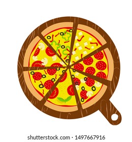 Slices of different types of pizza on a wooden board. Italian pizza on a tray. Pieces of pizza. Vector illustration isolated on a white background. Illustration for pizzeria menu.