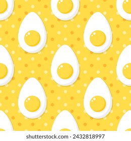Slices of eggs on polka dot background. Vector seamless pattern. Best for textile, wallpapers, kitchen decoration, wrapping paper, package and your design.