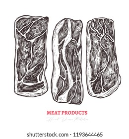 Slices of farm pork meat product or spanish jamon. Hand drawn sketch engraving vector illustration