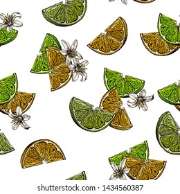 Slices and flowers of lemon and lime. The image is drawn in ink. Seamless background for different surfaces.