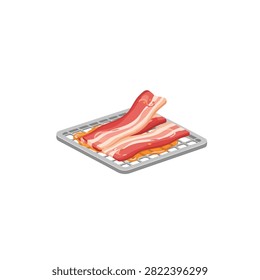 Slices of Fresh Smoked Bacon Strips Grilling on a Metal Wire Rack Isolated on White Background