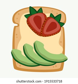 Scheiben mit gebratenem Brot. Toast mit Butter, Avocado und Erdbeere. Vektorgrafik
