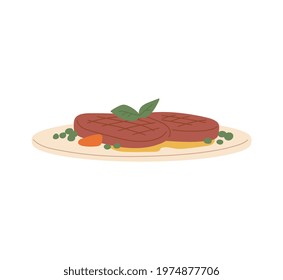 Slices of fried meat with herbs, carrots and peas on plate. Roasted beef or pork steaks. A dish prepared by a professional cooking chef. Flat cartoon isolated vector illustration