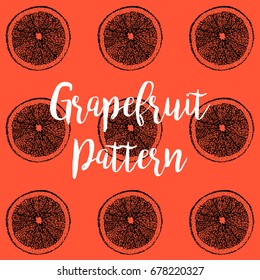 Slices of grapefruit in pointillism style on a bright orange background. Citrus pattern juicy halves of grapefruit with an inscription -Vector illustration