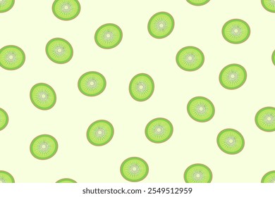 Slices of green kiwi seamless pattern design on light green background.