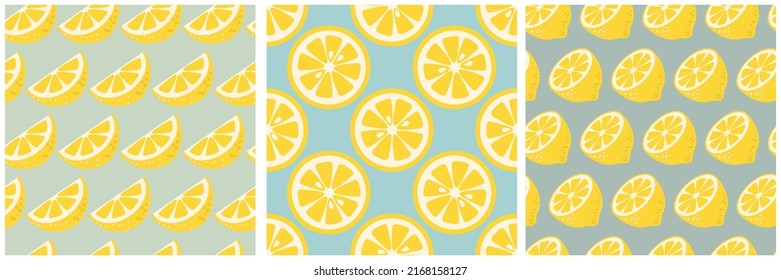 Slices, slices and halves of yellow lemons. Repeating pattern, a set of seamless patterns