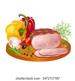 Slices of ham with colorful peppers, tomatoes, garlic and spices on a wooden cutting Board, isolated on white