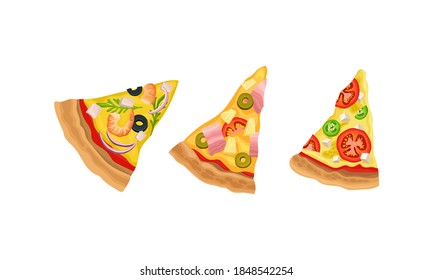 Slices of Hot and Tasty Pizza with Melting Cheese Vector Set