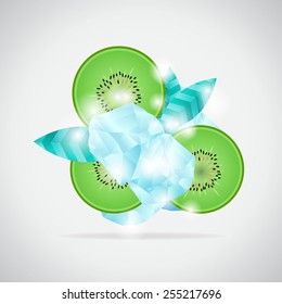Slices of kiwi and ice. Vector illustration. The fruit was frozen in ice. Object isolated on gray background