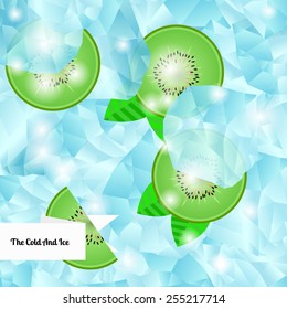 Slices of kiwi and ice. Vector illustration. The fruit was frozen in ice. Object isolated on gray background