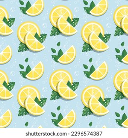 Slices of lemon, bubbles and mint leaves on blue background. Vector seamless pattern. Best for textile, wallpapers, home decoration, wrapping paper, package and web design.