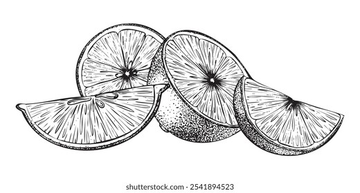 Slices of Lemon fruits. Composition of half lemons Sketch Hand drawn vector illustration. Black outline ink of citrus fruit. Isolated on white background. Design for menu, package, cosmetic, textile