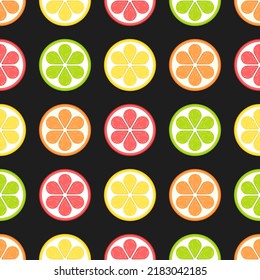 Slices of lemon, lime, grapefruit and orange on black background. Vector seamless pattern. Best for textile, wallpapers, home decoration, wrapping paper, package and web design.