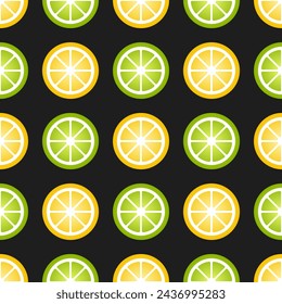 Slices of lemon and lime on black background. Vector seamless pattern. Best for textile, wallpapers, kitchen decoration, wrapping paper, package and your design.