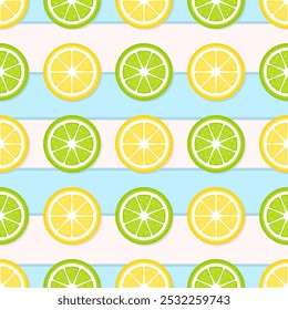 Slices of lemon and lime on striped white and blue background. Vector seamless pattern. Best for textile, wallpapers, wrapping paper, package and your design.