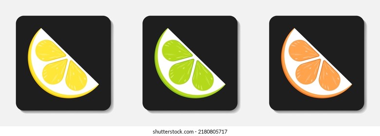 Slices of lemon, lime and orange. Flat icons collection. Stylized flat vector illustrations on black background. Best for web, print, bar decoration, logo creating and branding design.