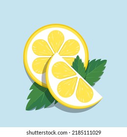 Slices of lemon and mint leaves flat illustration. Stylized flat vector elements in yellow, white and gren colors. Best for web, print, advertising, logo creating and branding design.