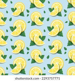 Slices of lemon and mint leaves on blue background. Vector seamless pattern. Best for textile, wallpapers, home decoration, wrapping paper, package and web design.