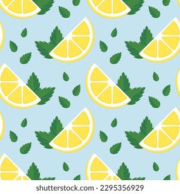 Slices of lemon and mint leaves on blue background. Vector seamless pattern. Best for textile, wallpapers, home decoration, wrapping paper, package and web design.